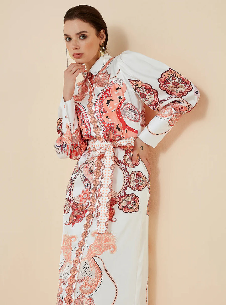 Peach Shirt Dress with Scarf Print