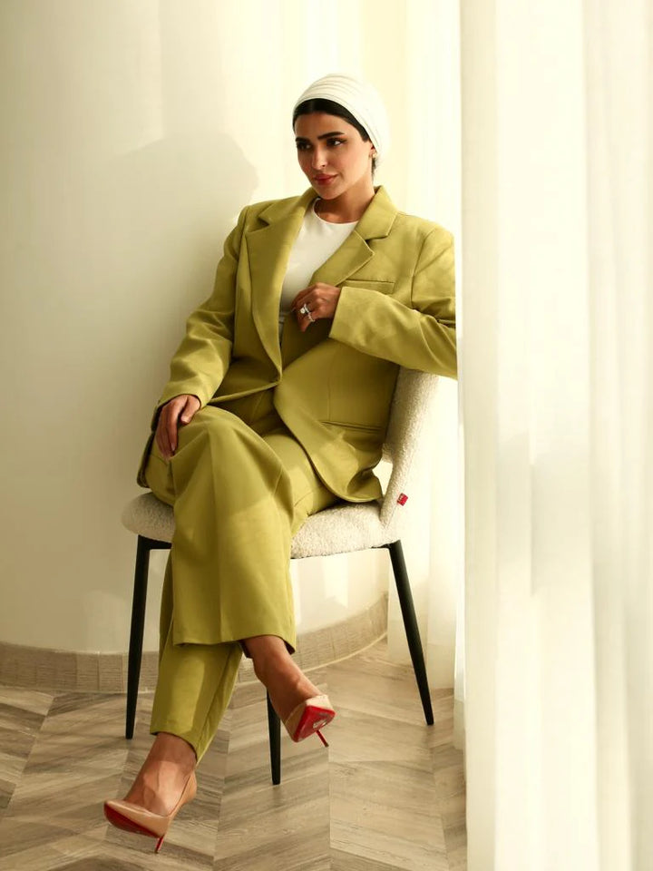 Haneen X Becosy Suit: Jacket and Trousers in Lime Green