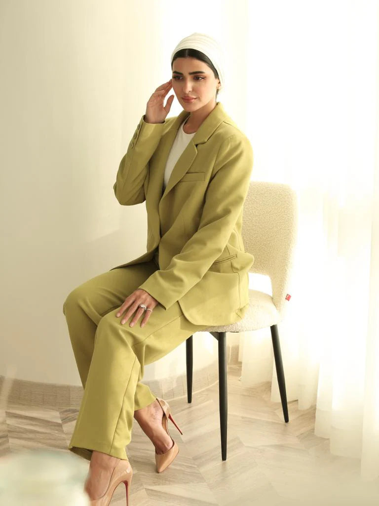 Haneen X Becosy Suit: Jacket and Trousers in Lime Green