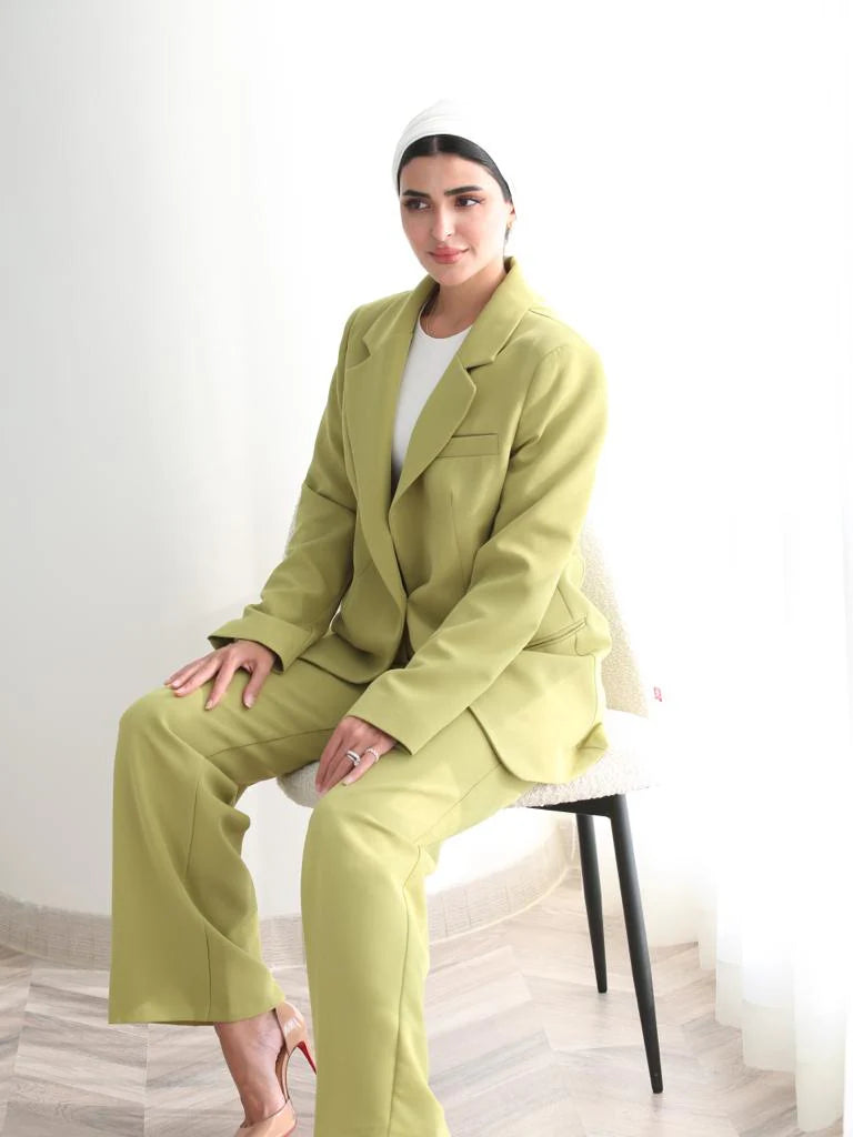 Haneen X Becosy Suit: Jacket and Trousers in Lime Green