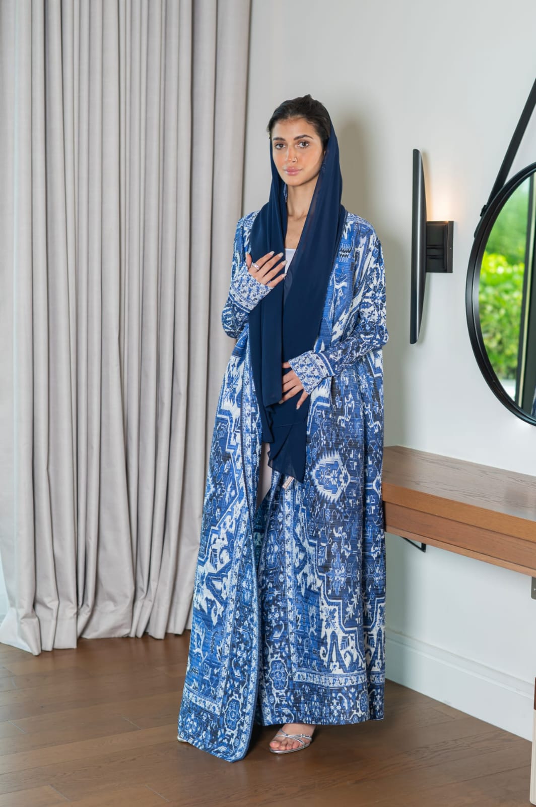 Navy Blue Pleated Abaya with Classic Patterns