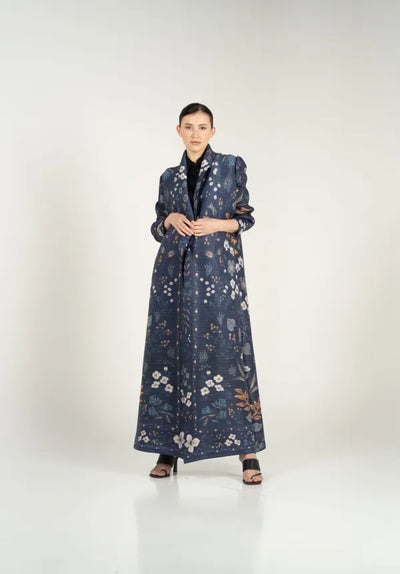 navy blue pleated abaya with floral print