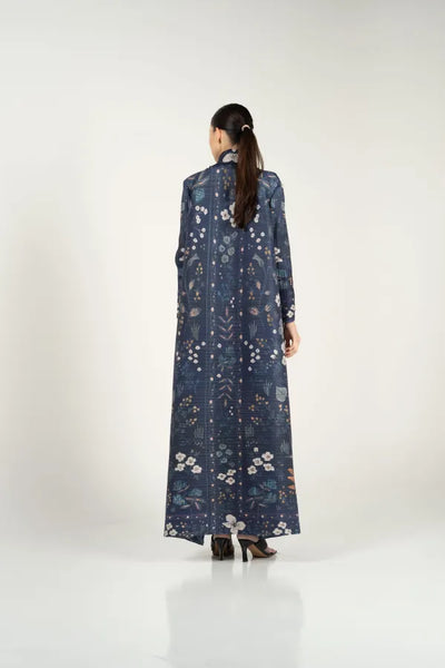 navy blue pleated abaya with floral print