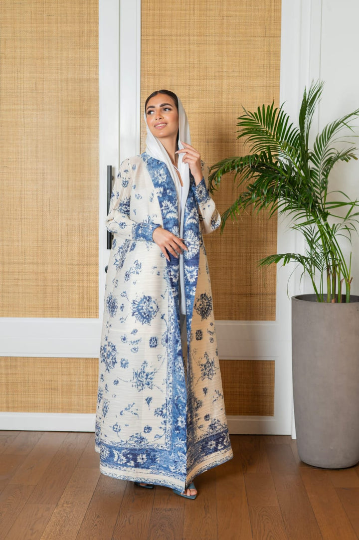 Off White and Blue Pleated Abaya with Floral Prints