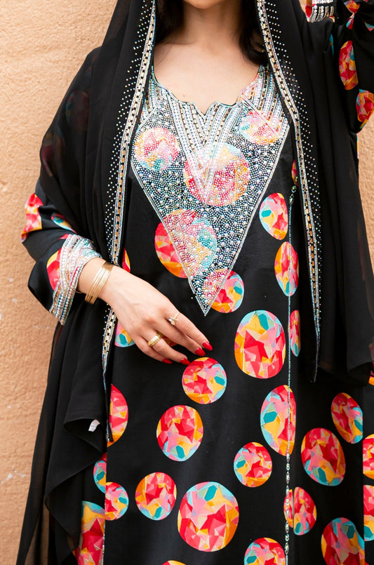 Black Mukhawar in Multicolor Prints with Scarf