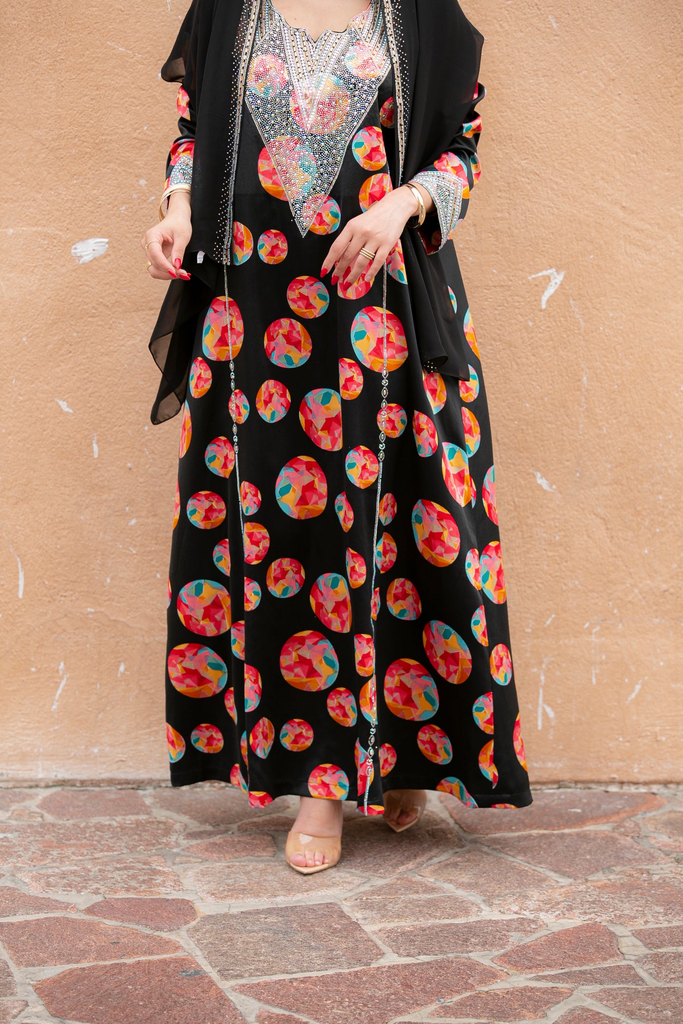 Printed Mukhawar in Black multi color without scarf