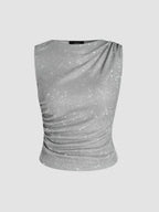 Round Neck Grey Glitter Asymmetrical Tank Top