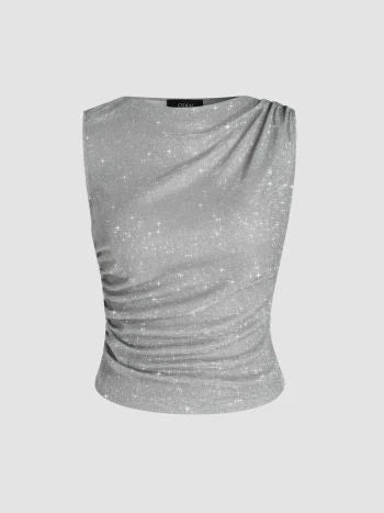 Round Neck Grey Glitter Asymmetrical Tank Top