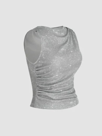 Round Neck Grey Glitter Asymmetrical Tank Top