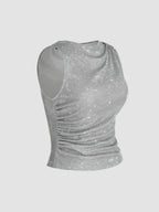 Round Neck Grey Glitter Asymmetrical Tank Top