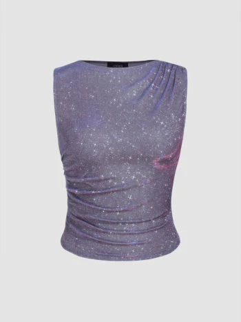 Round Neck Purple Glitter Asymmetrical Tank Top