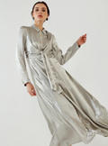 Silver Front Tie Maxi Dress with Gold Button