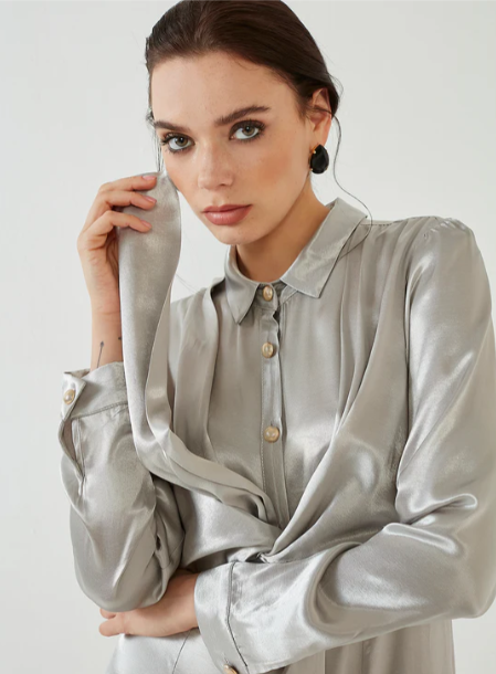 Silver Front Tie Maxi Dress with Gold Button