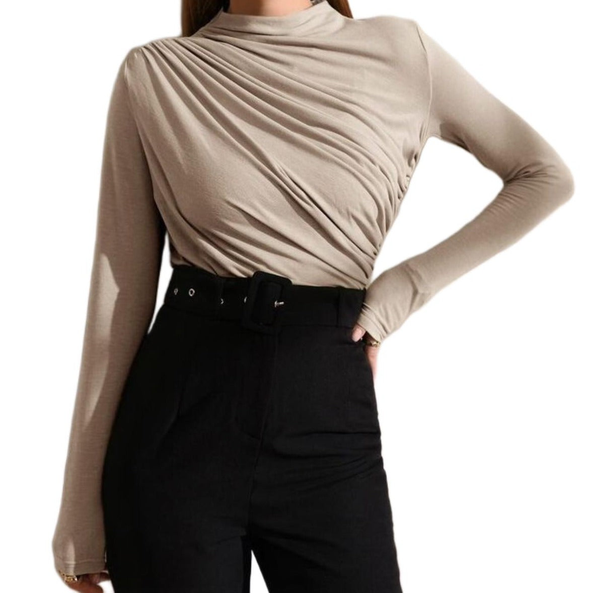 Beige Ruched Long sleeve T-shirt