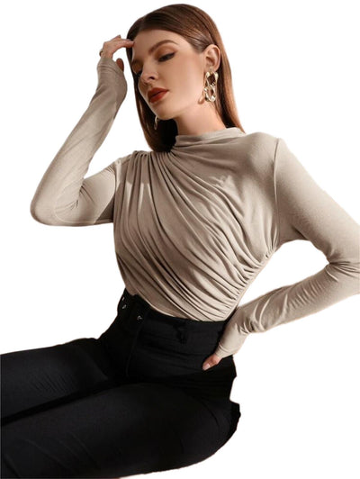 Beige Ruched Long sleeve T-shirt