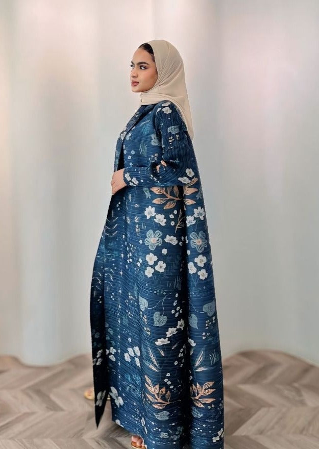 Haneen alsaify X Becosy in navy blue pleated abaya with floral print
