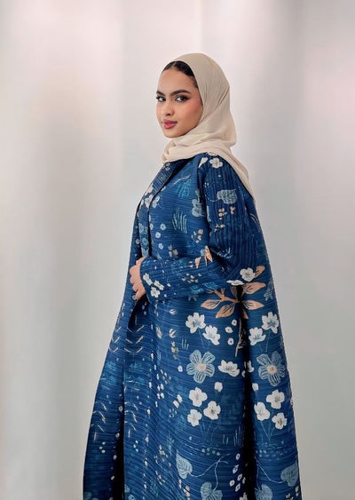 Haneen alsaify X Becosy in navy blue pleated abaya with floral print