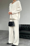 White V-Neck Side Striped Sweater Suit
