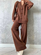 Brown Wood Button Knitted Set