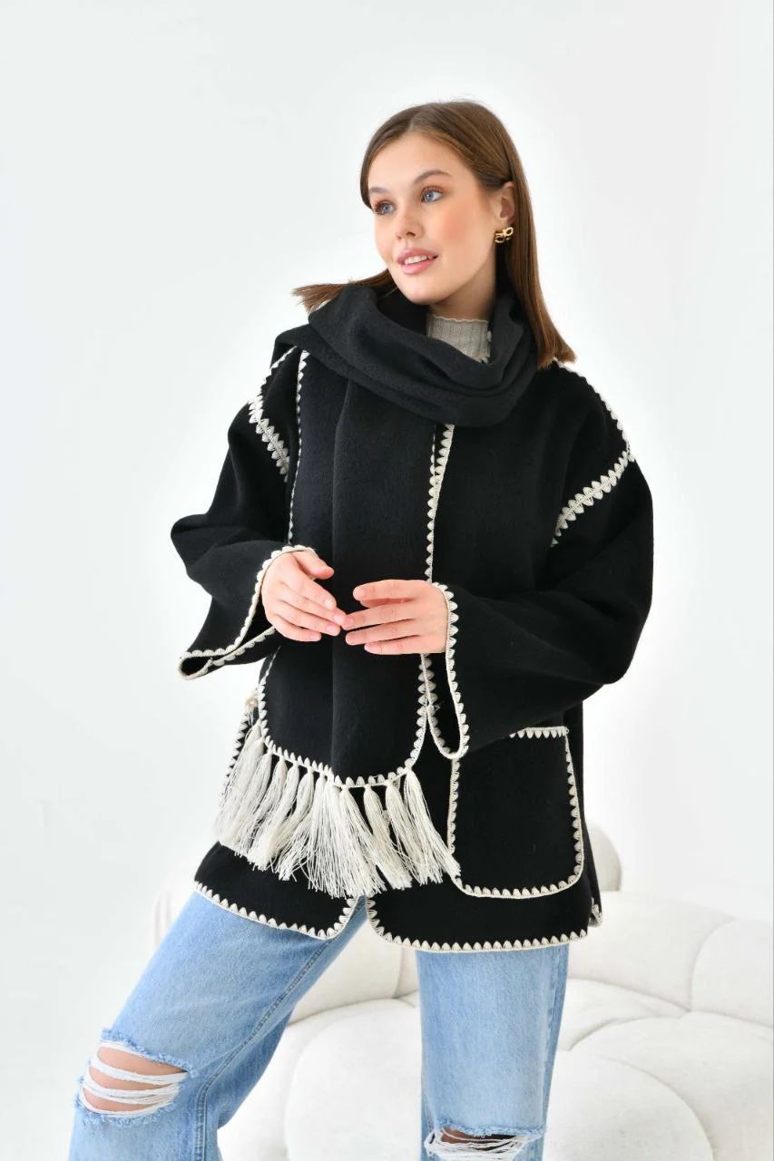 Black Elegant Wool Coat Shawl