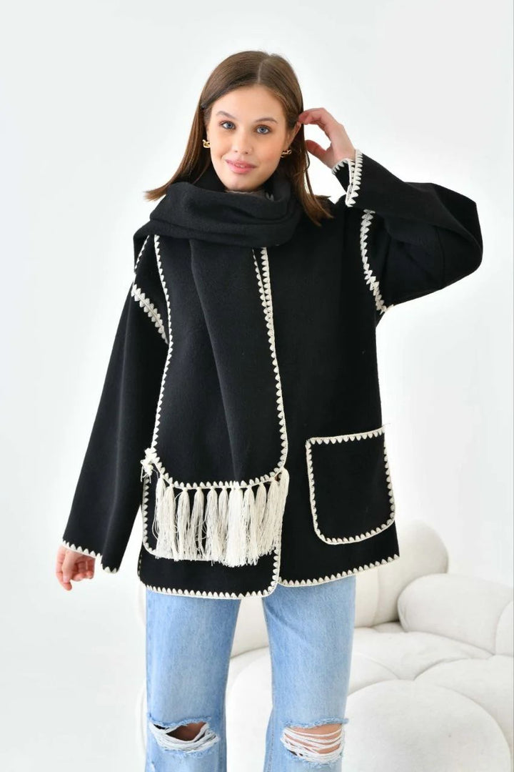 Black Elegant Wool Coat Shawl