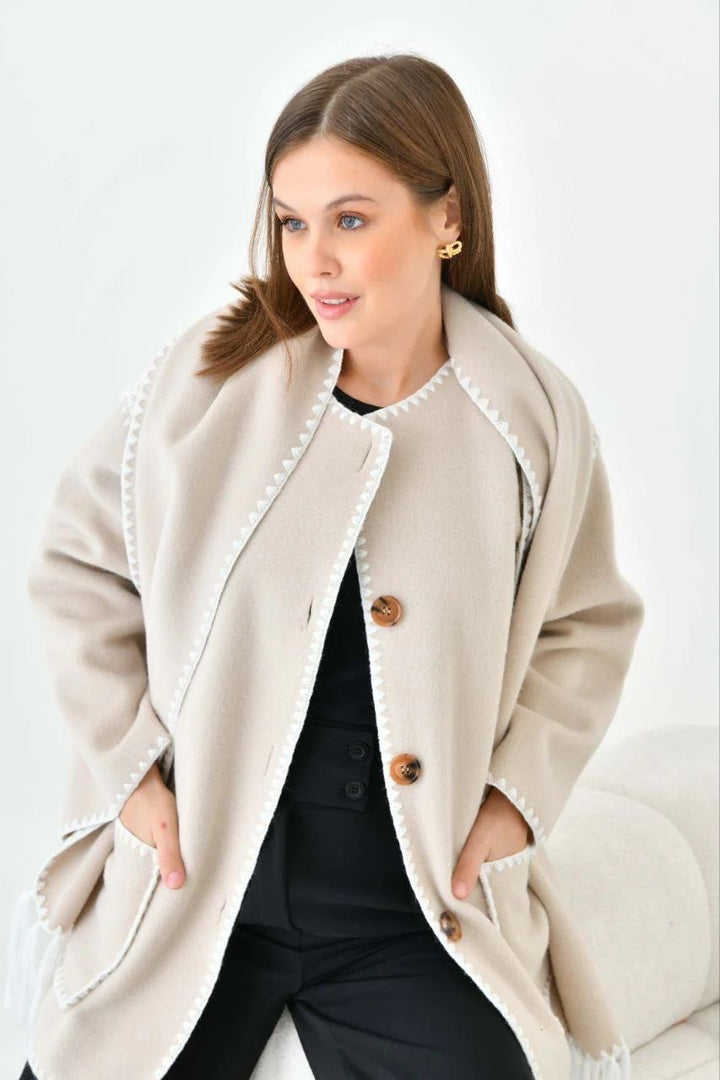 Beige Elegant Wool Coat Shawl