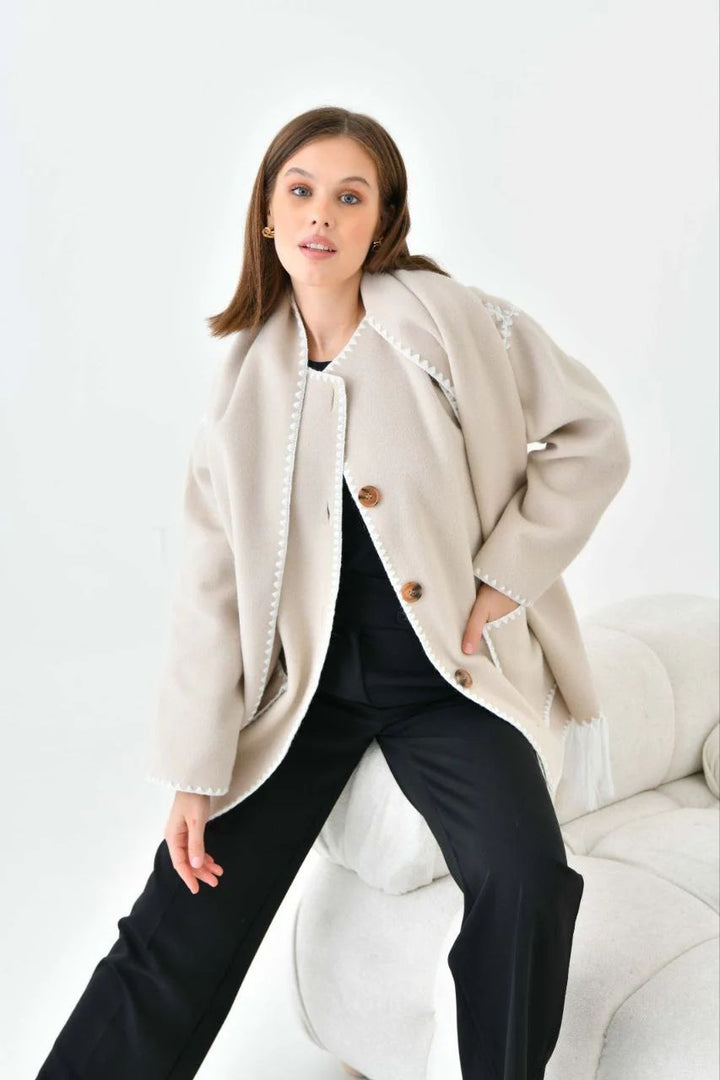 Beige Elegant Wool Coat Shawl