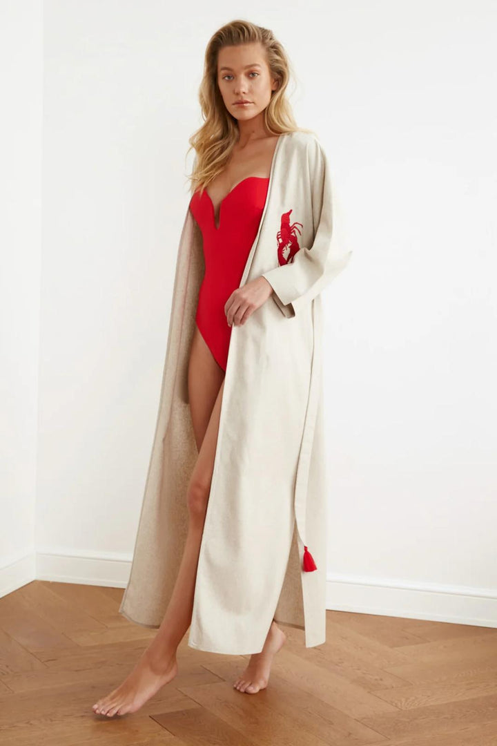 Red Lobster Embroidered Belted Kimono