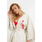 Red Fish Embroidered Belted Kimono