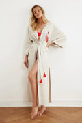 Red Fish Embroidered Belted Kimono