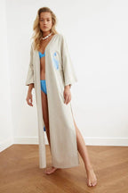 Blue Fish Embroidered Belted Kimono