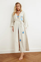 Blue Fish Embroidered Belted Kimono