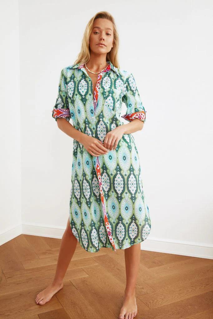 Green Ethnic Printed Long Voile Kimono