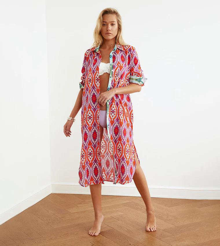 Orange Ethnic Printed Long Voile Kimono