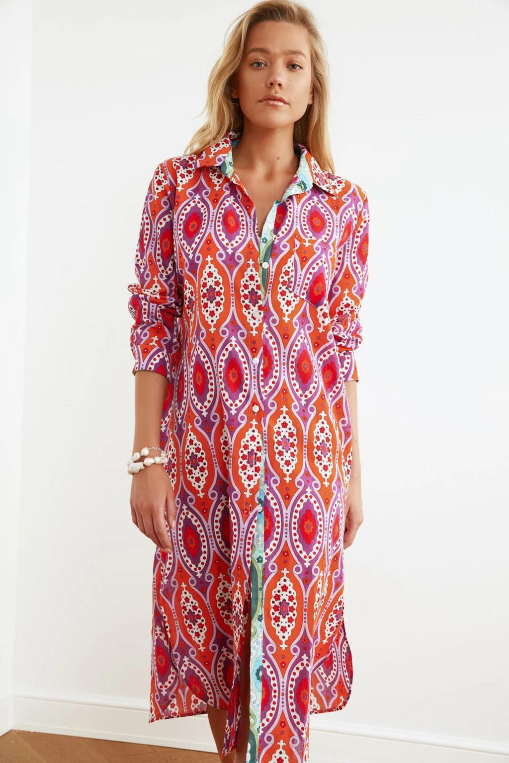 Orange Ethnic Printed Long Voile Kimono