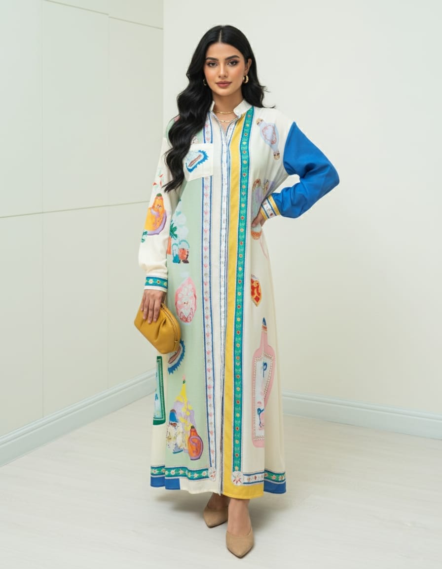 Polychrome Bottle Printed Soft Linen Touch Shirt Dress
