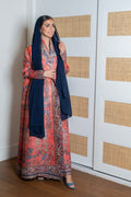 Orange Pleated Abaya with Floral Print