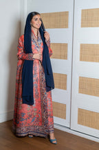 Orange Pleated Abaya with Floral Print