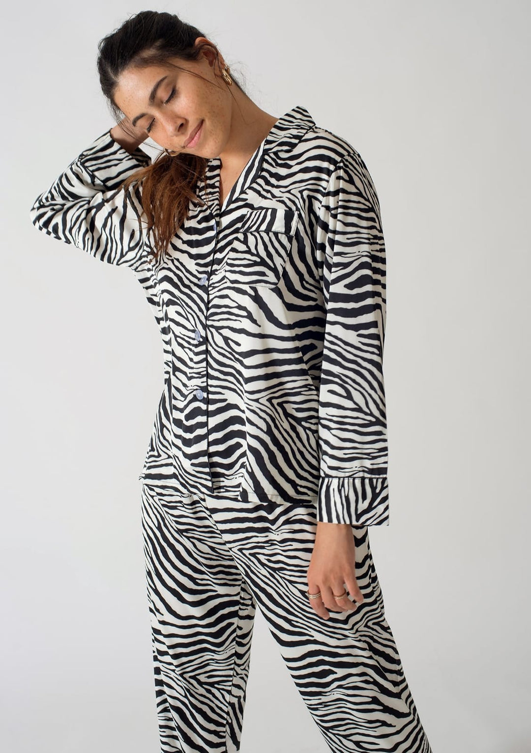 Be Cosy White and Black Satin PJ Set with Zebra Print