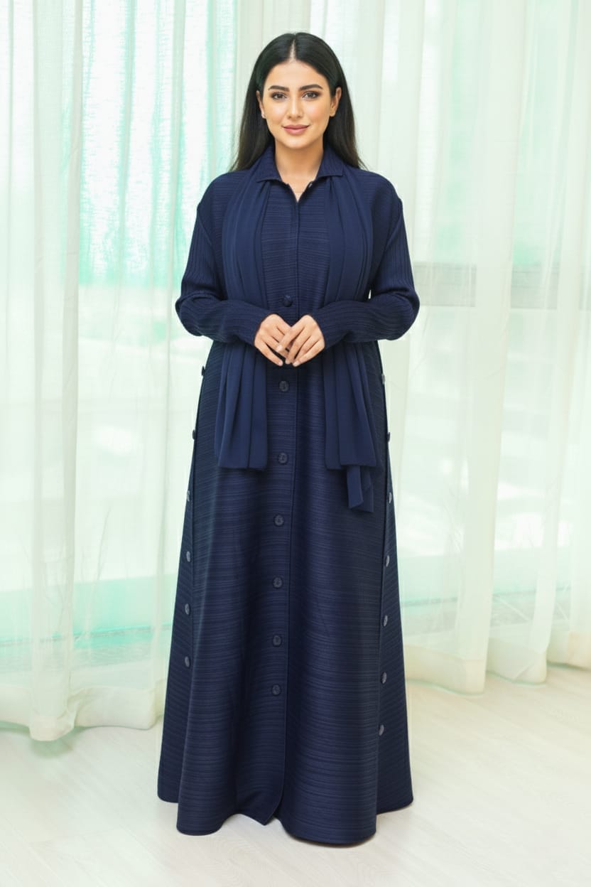 Navy Blue Plisse Work Abaya with Front and Side Buttons