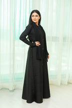 Black Plisse Work Abaya with Front and Side Buttons