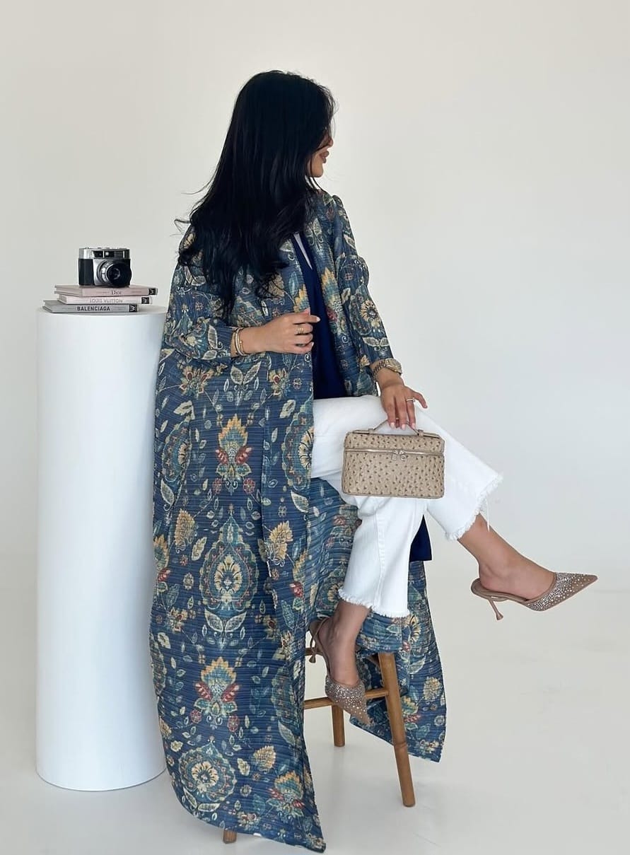 Slate Blue Floral Plisse Abaya
