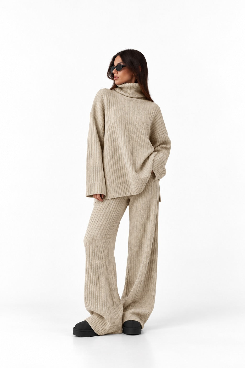 Beige Ribbed Knitted Co-Ord Set