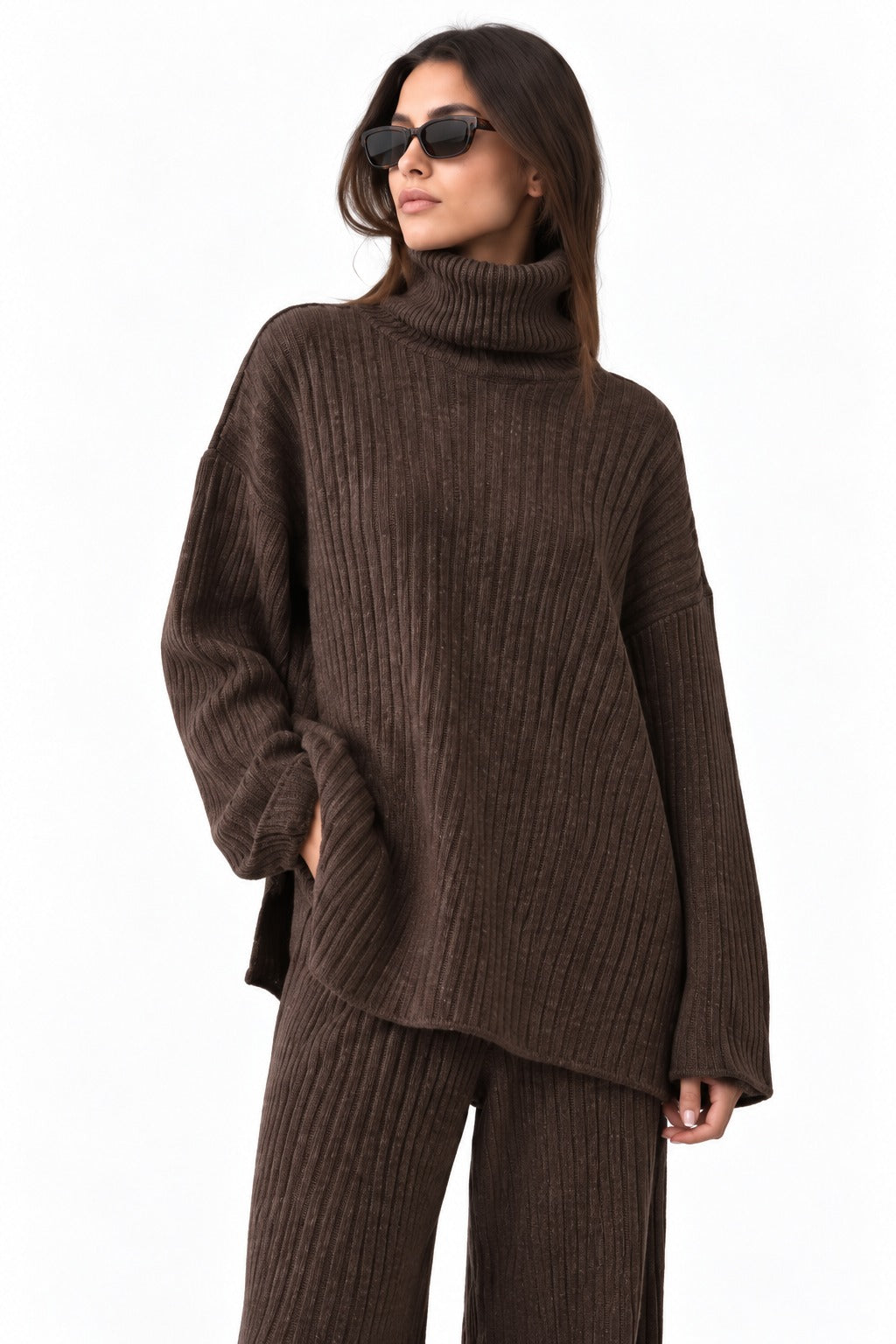 Brown Ribbed  Knitted Co-Ord Set