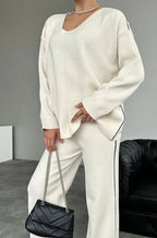 White V-Neck Side Striped Sweater Suit