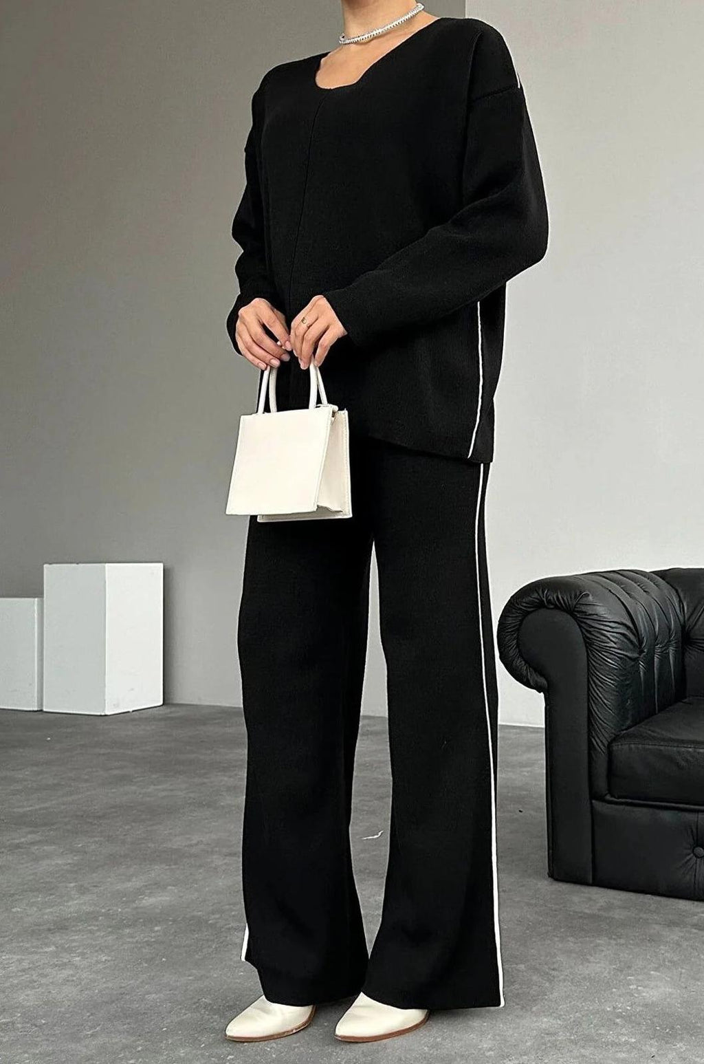 Black V-Neck Side Striped Sweater Suit