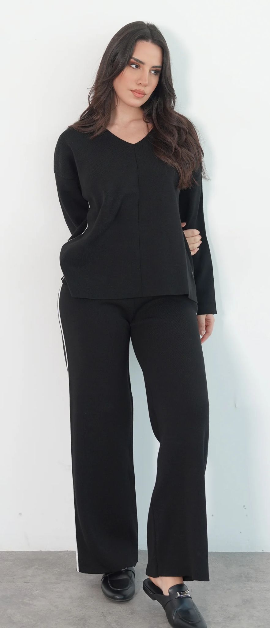 Black V-Neck Side Striped Sweater Suit