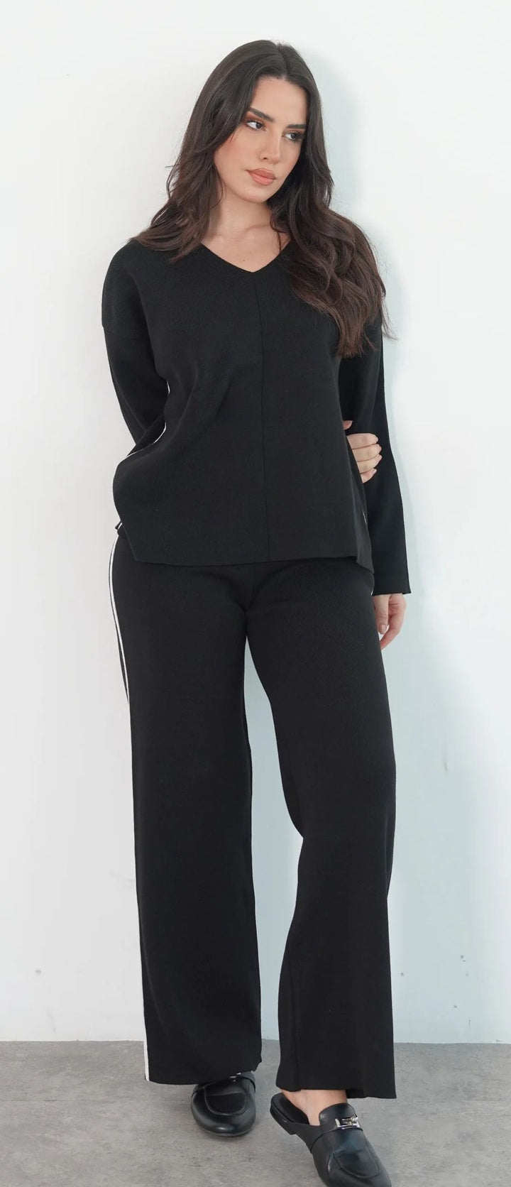 Black V-Neck Side Striped Sweater Suit