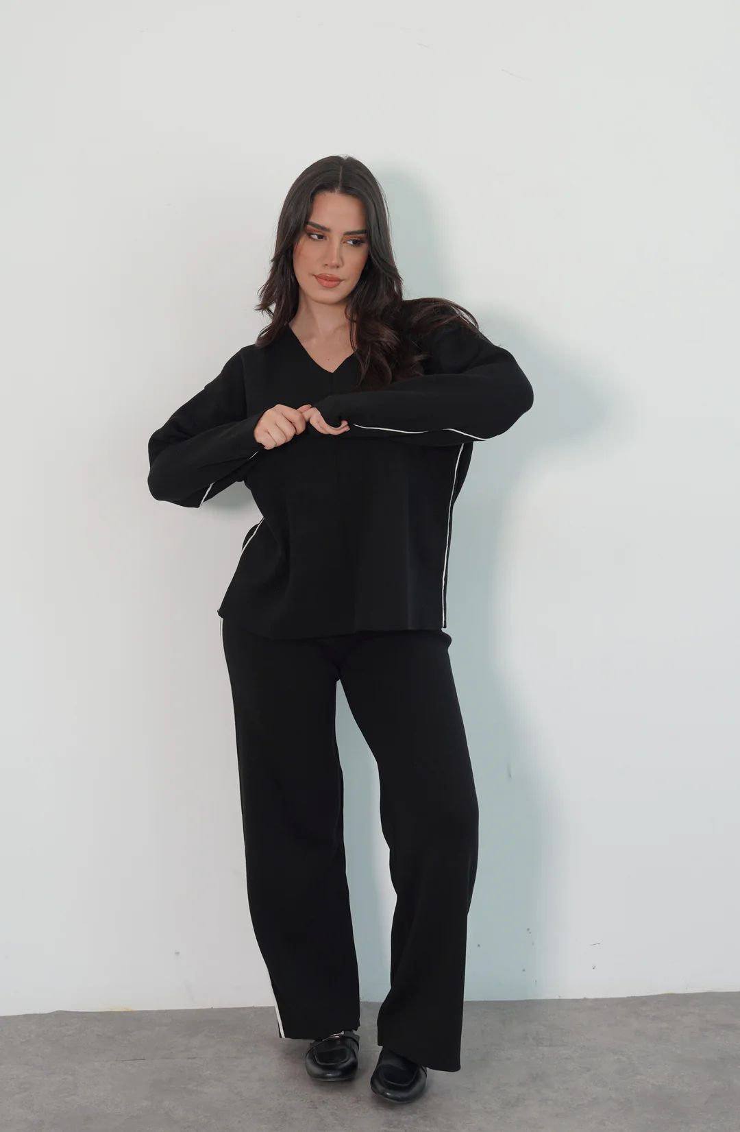 Black V-Neck Side Striped Sweater Suit