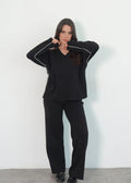 Black V-Neck Side Striped Sweater Suit